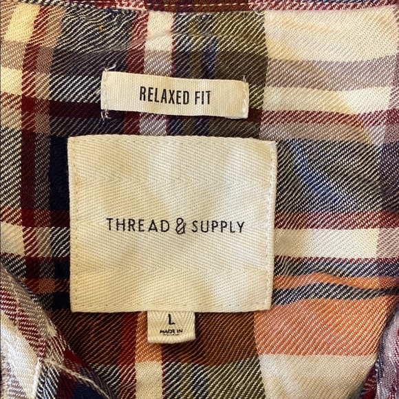 Thread & Supply Cream/Navy/Burgundy Long Sleeve Button Down Flannel Shirt | L - Picture 3 of 5